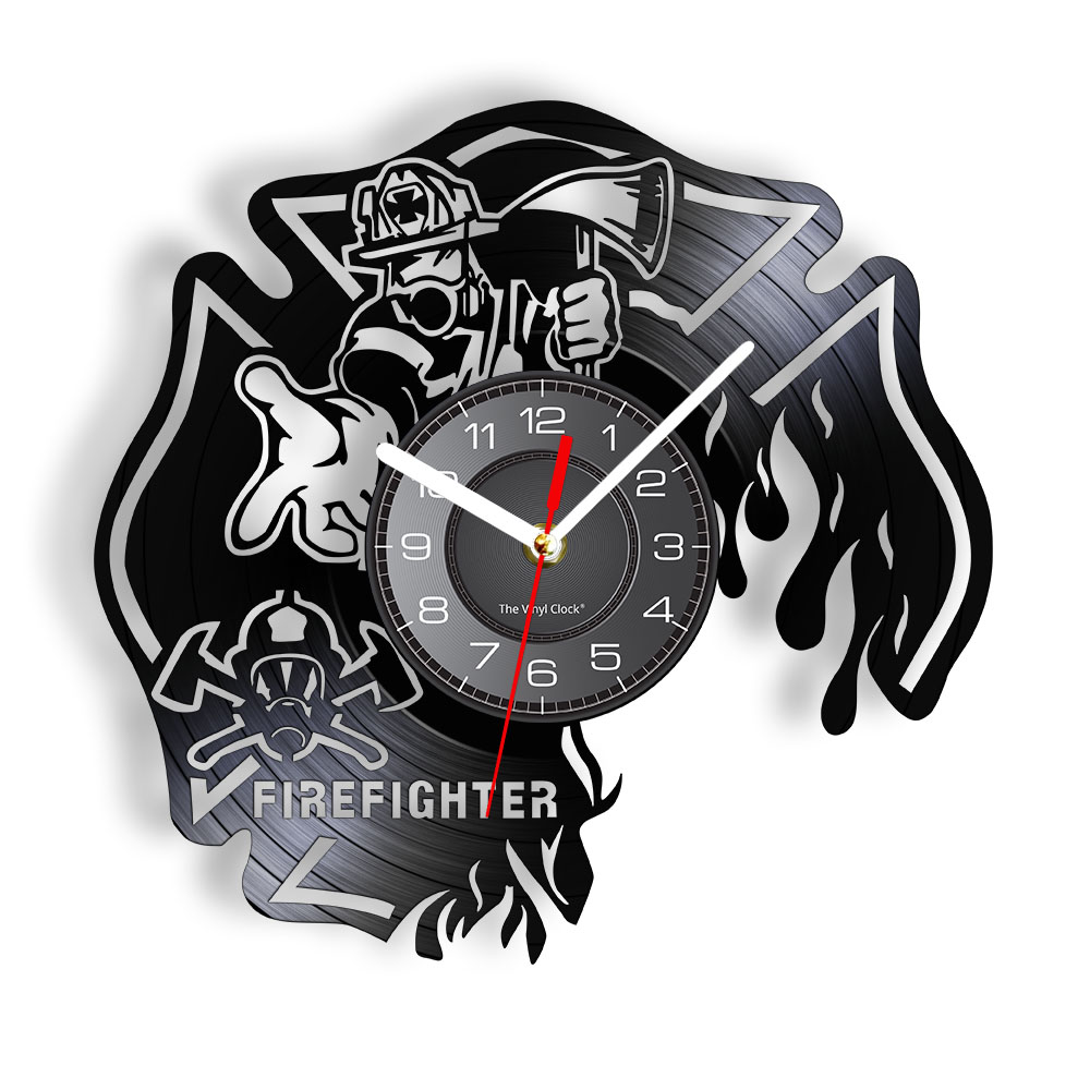 Пожарные часы Огненная отделка декор стены стены часы пожарные шлема Огненные спасательные виниловые настенные часы сгоревшие мальтийские кросс -часы