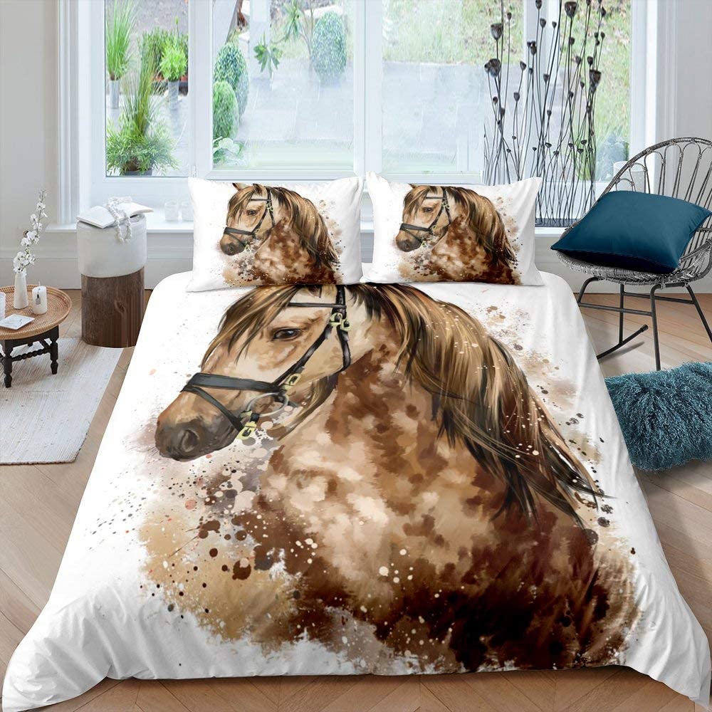 馬羽毛布団カバーファームアニマルパターン茶色の馬愛好家の寝具セットマイクロファイバーベッドスプレッドカバーのための大人の女王キルトカバー