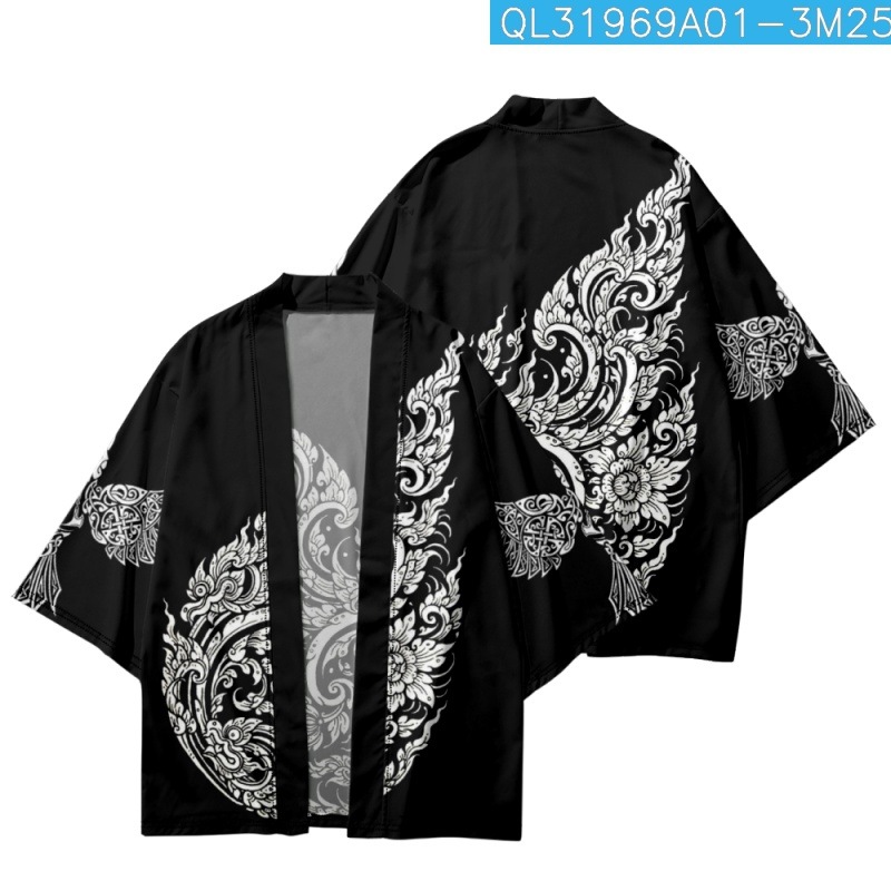 Summer Casual Women Men Eagle Floral Printed Black Streetwear Japanese Kimono Beach Shorts Yukata Harajuku Cardigan