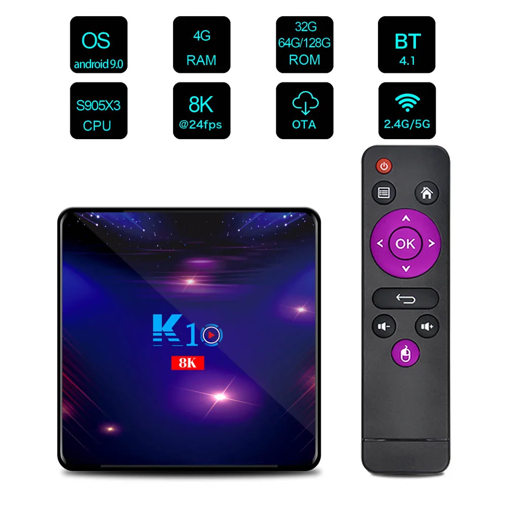 Box Smart TV Box K10 Android 9.0 S905X3 64BIT Cortexa55 8K SET Top Box Media Player 2.4G 5G WiFi Bluetooth 4GB 32GB 64GB 128GB