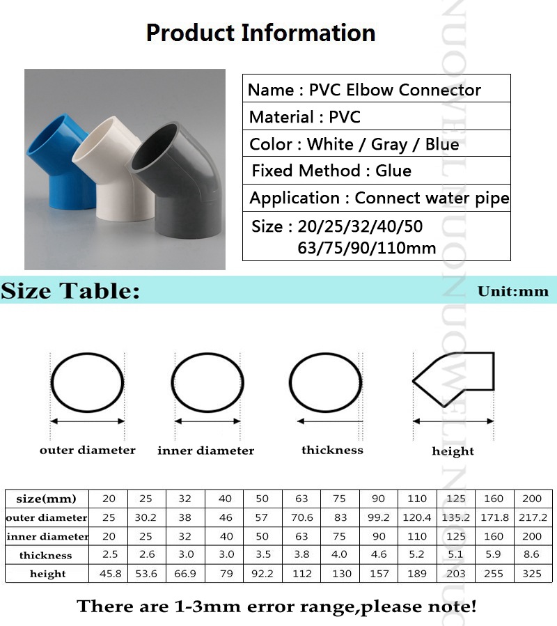 I.D Taille 20 ~ 110 mm PVC PIPE CONNECTEUR ELBOD 45 degrés PVC JOIND JOURNAL Connecteurs d'eau de jardin Adaptateur Joint Adaptateur
