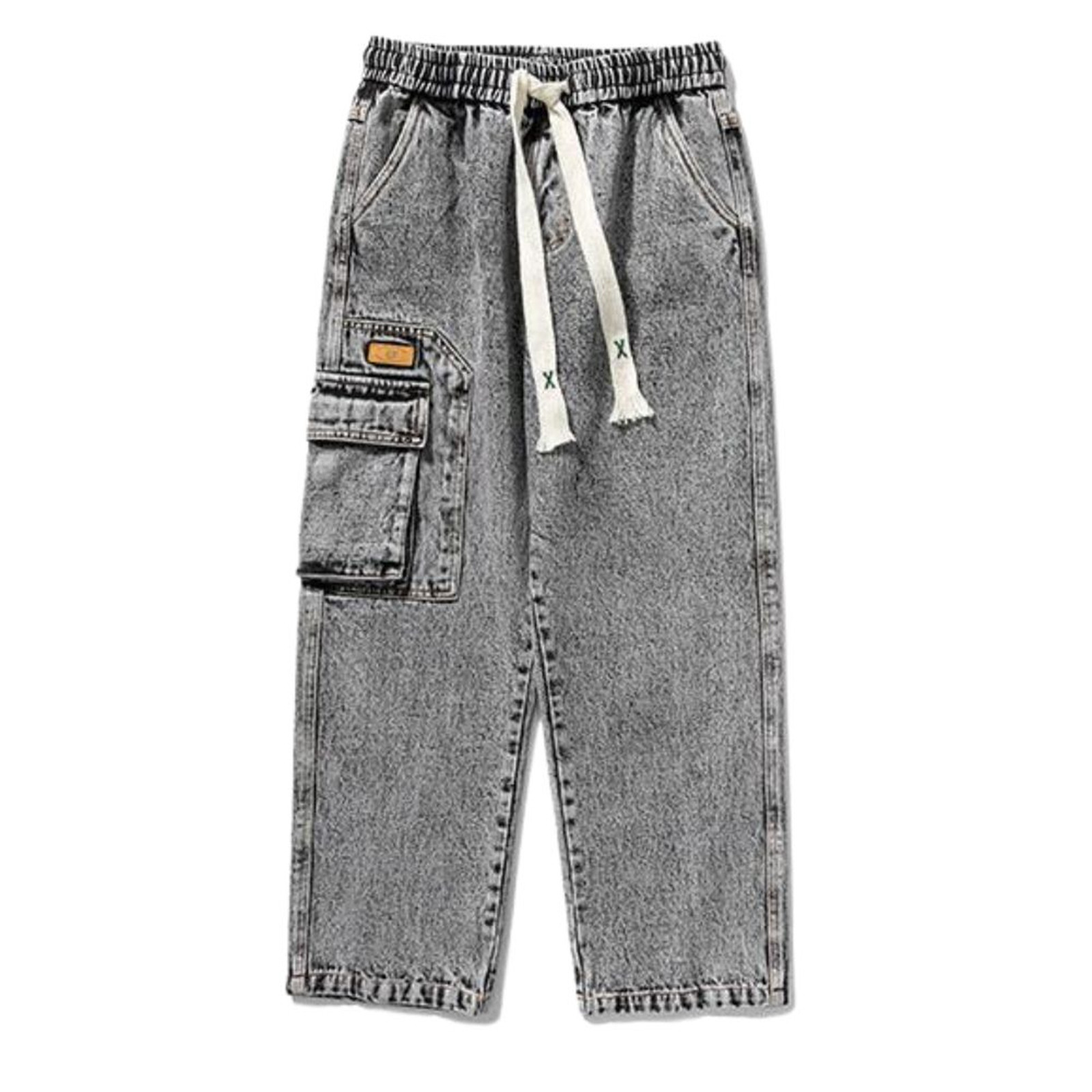 Jeans Man Autumn Long Trousers Hip Hop Denim Work Pants With Big Pockets Vintage Men's Casual Loose Cargo Jeans Drawstring