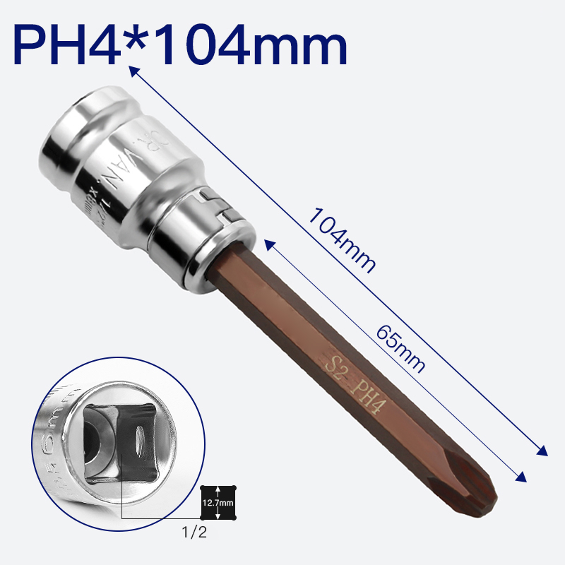 1/2' Square drive S2 Alloy Quick Phillips Socket Screwdriver Bit Wrench 55MM/104MM Length Cross PH1 PH2 PH3 PH4 Hand Tools