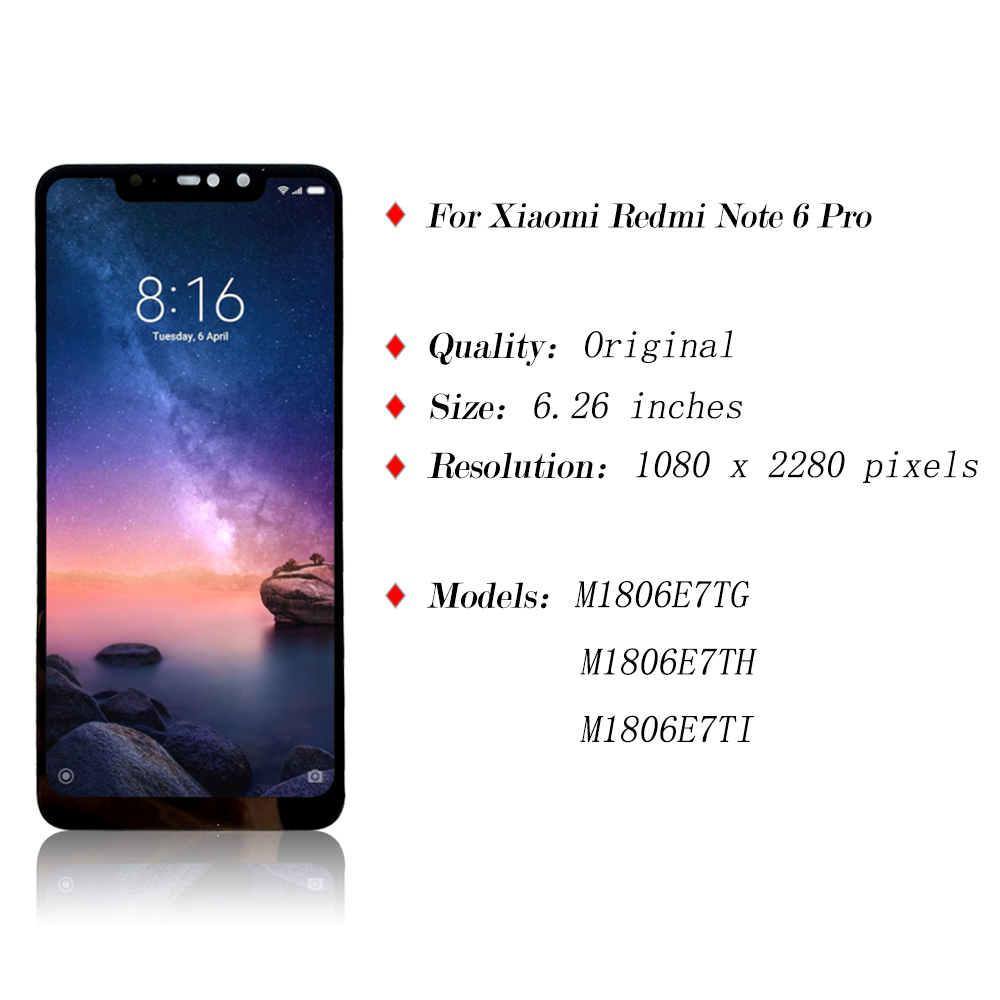 6.26 '' Oryginalny ekran wyświetlacza Note 6 Pro dla Xiaomi Redmi Note 6 Pro M1806E7TG LCD Wyświetlacz Wyświetlacz Digitizer Wymiana Digitizer