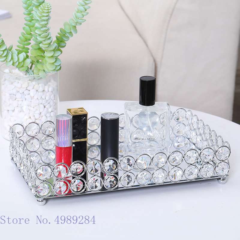 Golden Glass Mirror Tray Cosmetic Container Lipstick Necklace Desktop Shelf Storage Jewelry Metal Storage Box Crystal Plate Tray