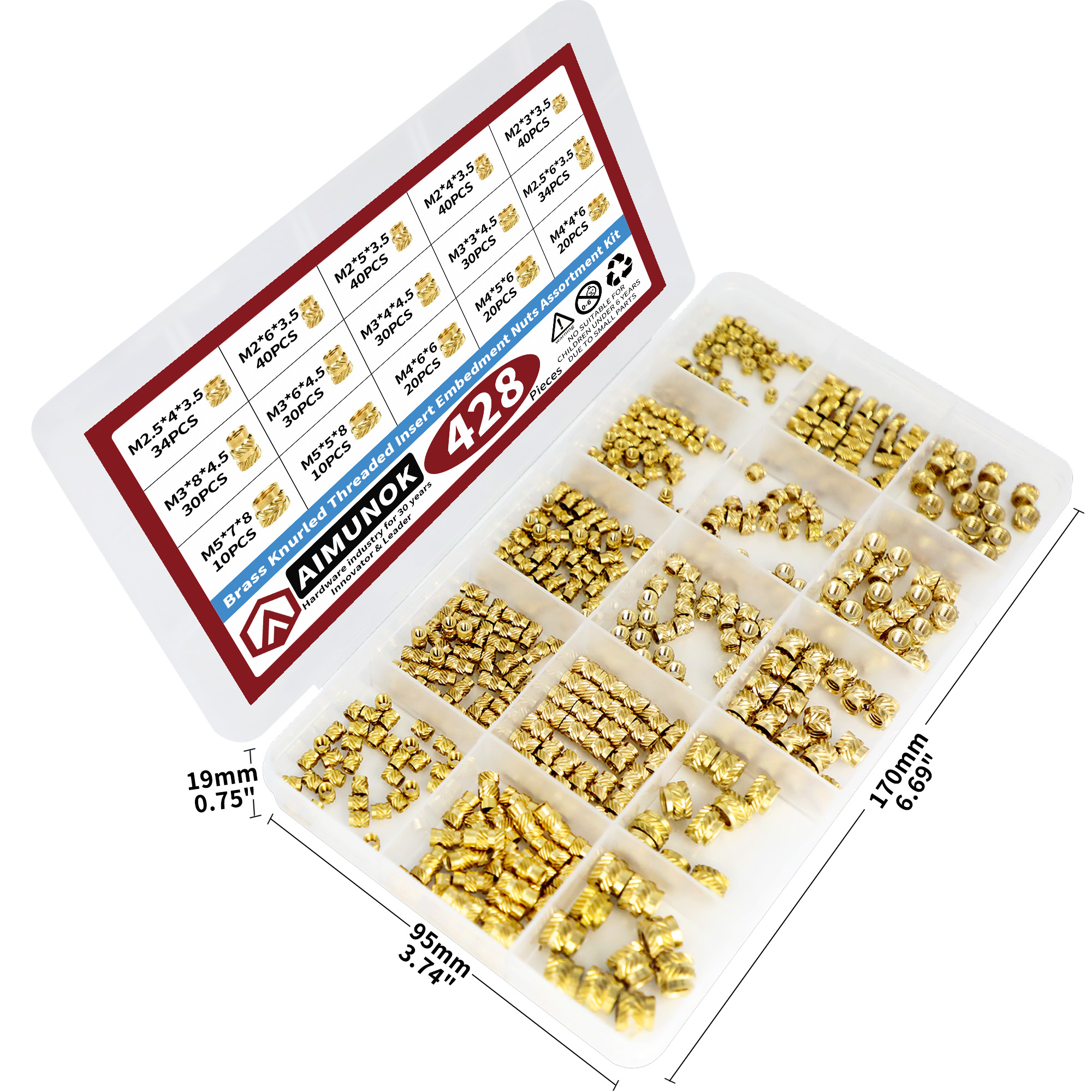 428/Kit di assortimento di insorte filettati in ottone - dadi in 5 dimensioni M2, M2.5, M3, M4, M5 - Ideale JO saldato idraulico