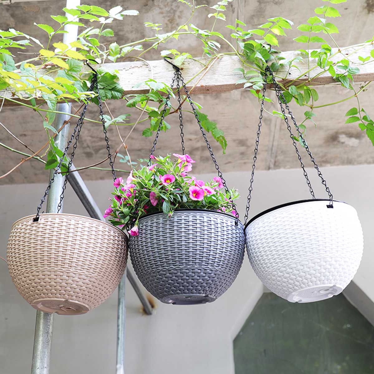 Hanging Plastic Flower Pots Garden Plant Pots Woven Hanger Planter Decorative Flower Pot Hanging Basket Balcony Decoration