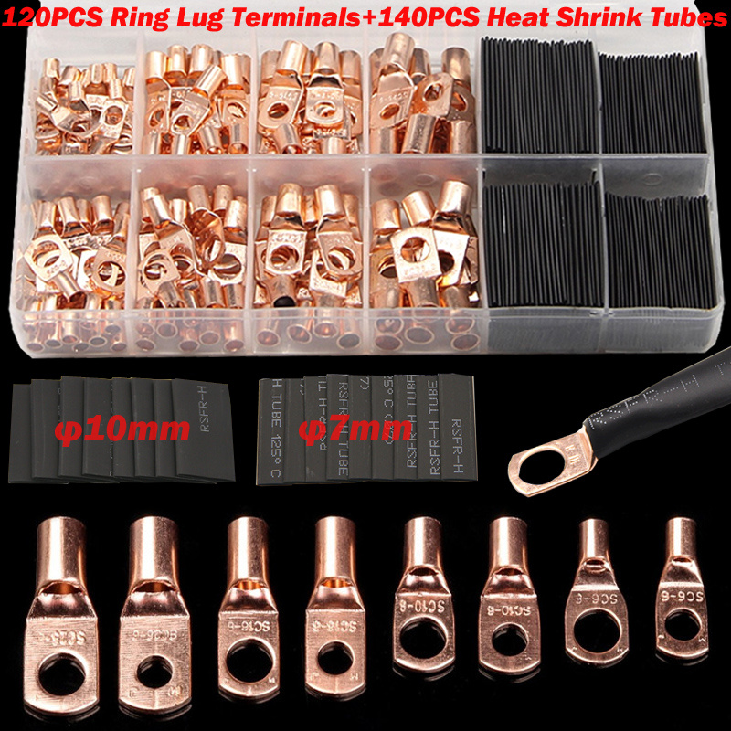 60/220/260CPS Assortment Car Auto Copper Ring Terminal Wire Crimp Connector Bare Cable Battery Terminals Soldered Connectors Kit