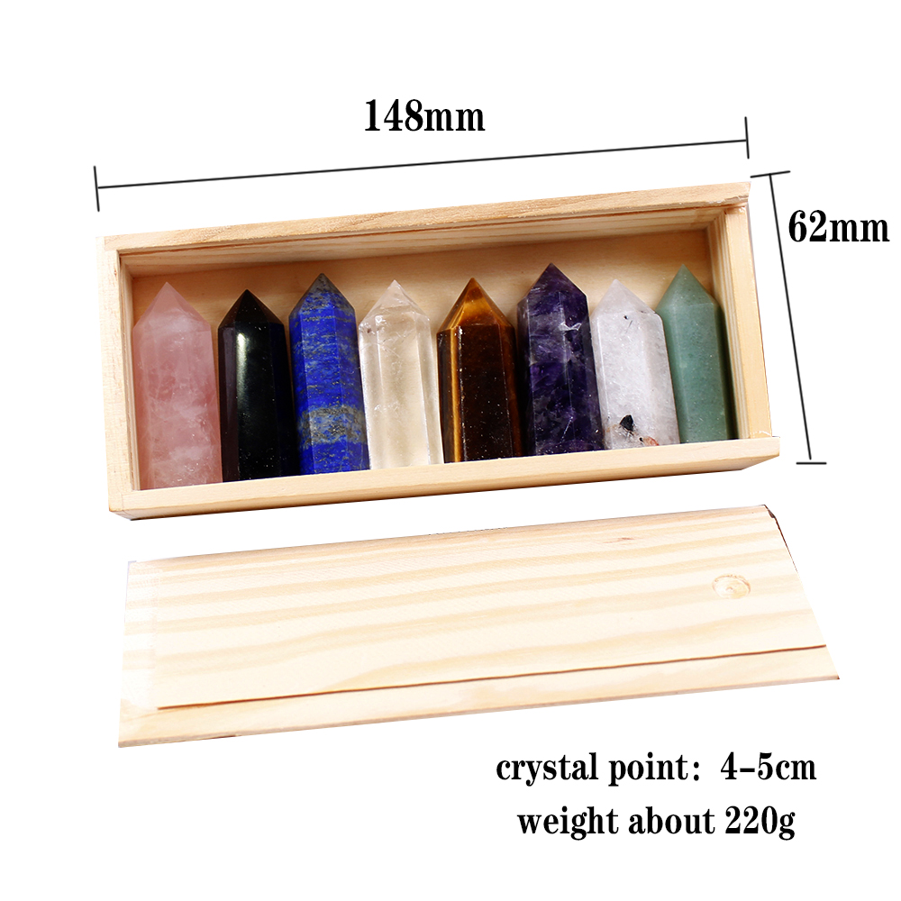 Wooden box gift box High quality Decorative Natural Hand Carved crystal points quartz wand pillar for sale healing Wand