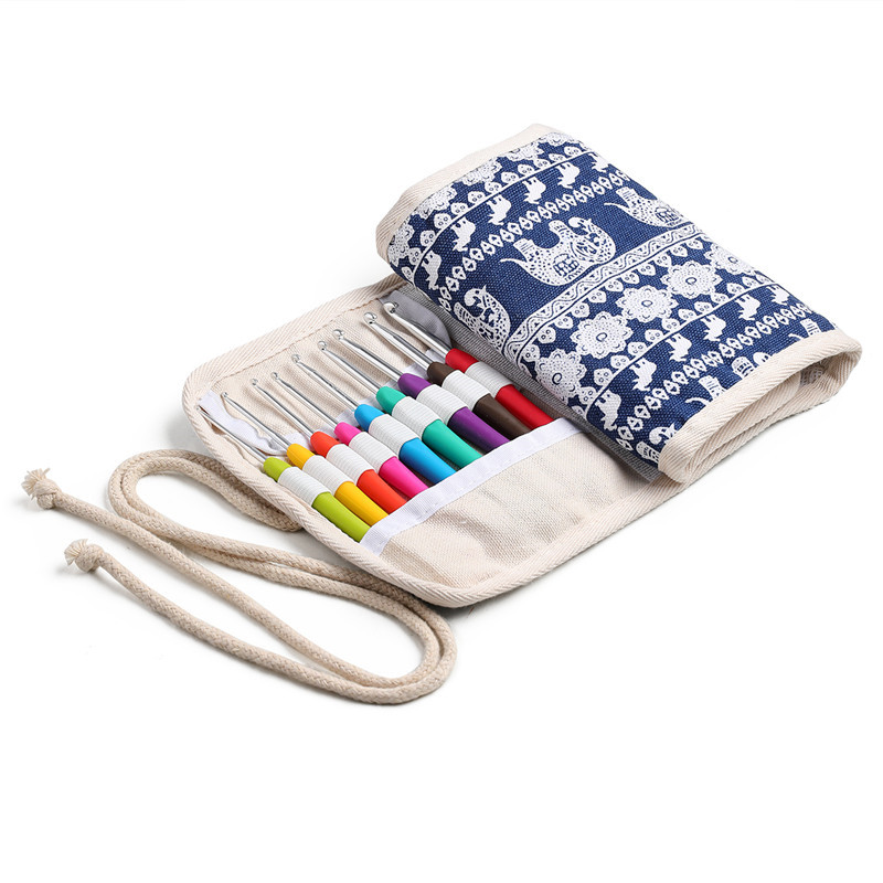 空のかぎ針編みフックバッグキャンバスロールバッグホルダーオーガナイザーケースさまざまなかぎ針編みの針と編み物のアクセサリー縫製キットバッグ