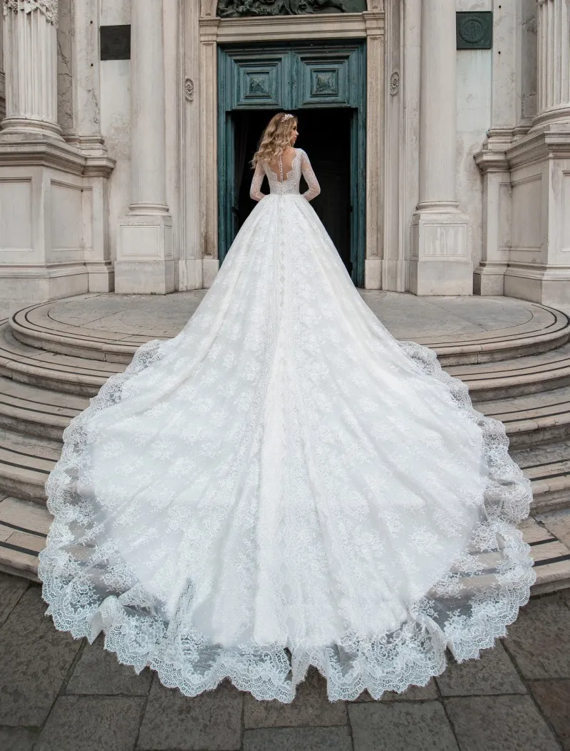 Pentelei Lace Wedding Dresses 2020 Long Sleeves Ball Gown Bridal Gowns Custom Made Sweep Train Wedding Dress Vestidos De Noiva