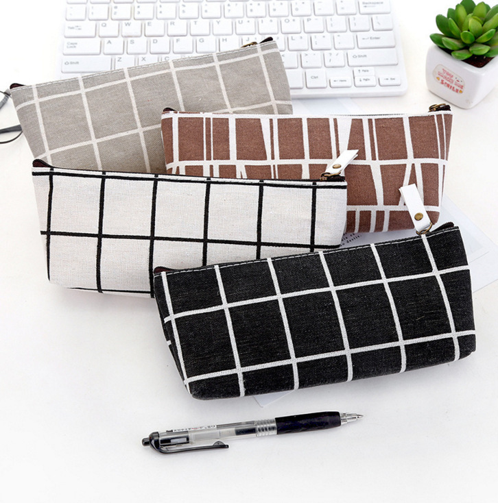 Zipper Pencil Case Bags School Striped Grid Solid Color Pencil Bag Pouch Office Kids Supplies Primary Students Birthday Gift