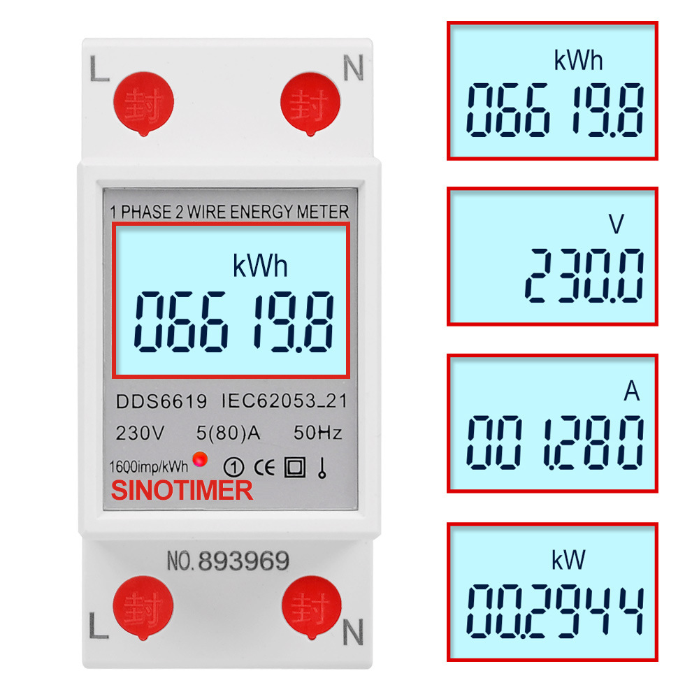 Digitale wattmeter elektriciteit AC 230V 5 80 Een Power Energy Meter Din Rail KWH -spanningsstroommeter met LED -display achtergrondverlichting