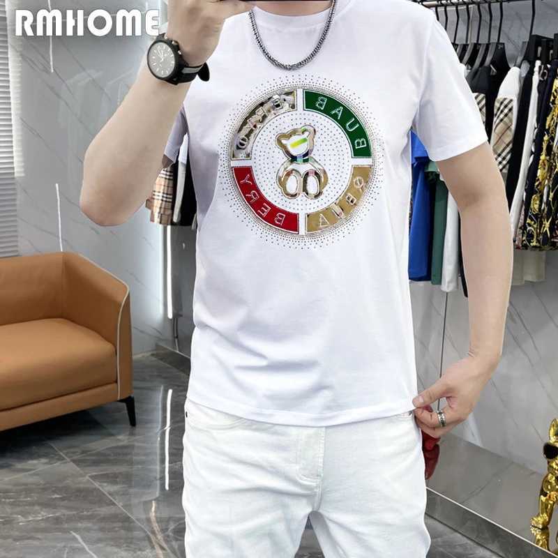 Men's T-Shirts Mens Trend T-Shirt Bear Print Hot Diamond Pattern New Designer Male Tees Summer Top Mercerized Cotton High-Quality Man Clothing J240409