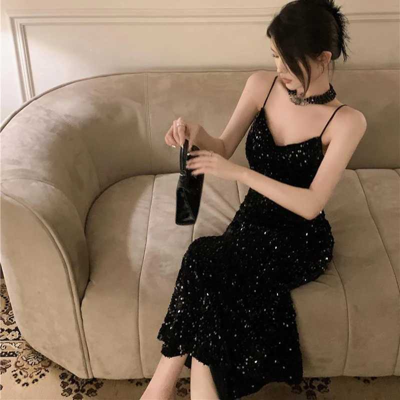 Urban Sexy Dresses Fashion Sequin Black Dress for Women Party New Year Prom Club Sexy Spaghetti Strap Deep V-neck Shine Bright Long Dresses Female 24410