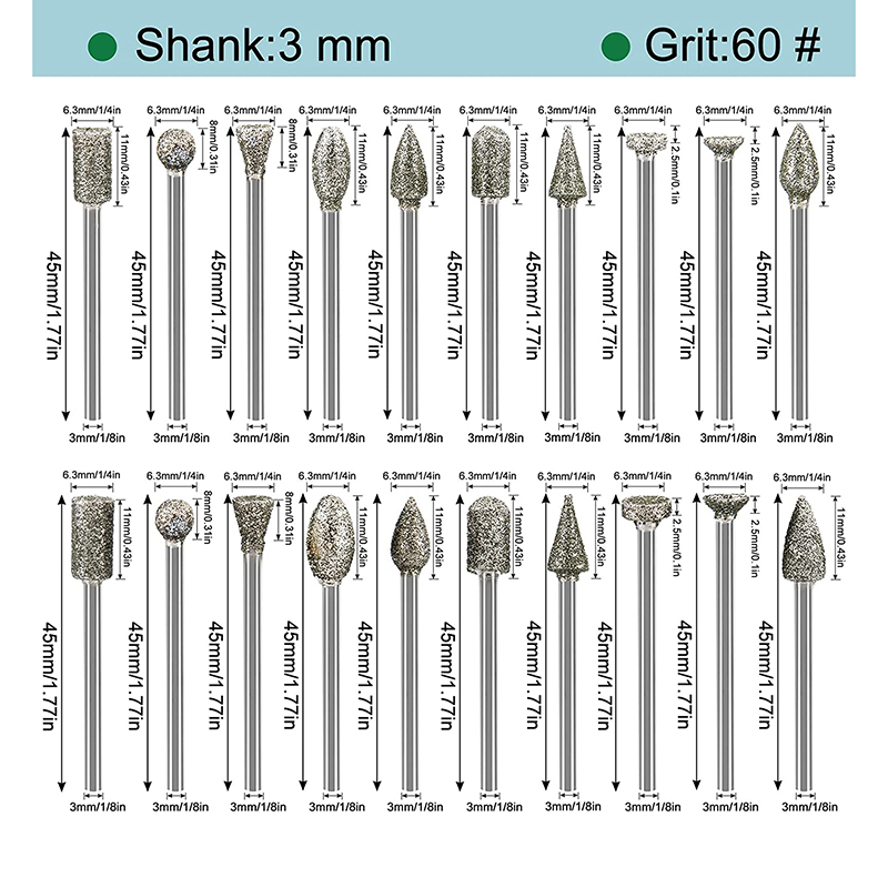 Diamond Burr Set 60 körnig Diamantbeschichtete Rotationsschleife Bits 1/8 Zoll Schaft -Rotary -Werkzeuge für Steinschnitzereien