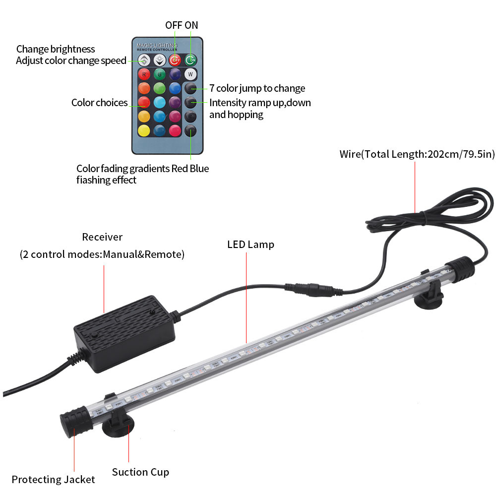 Siedem masterrgb światło akwarium 18-57 cm zdalne sterowanie lampa lampa kolorowa lampa 90-260 V dla roślin akwarium zbiornika amfibia