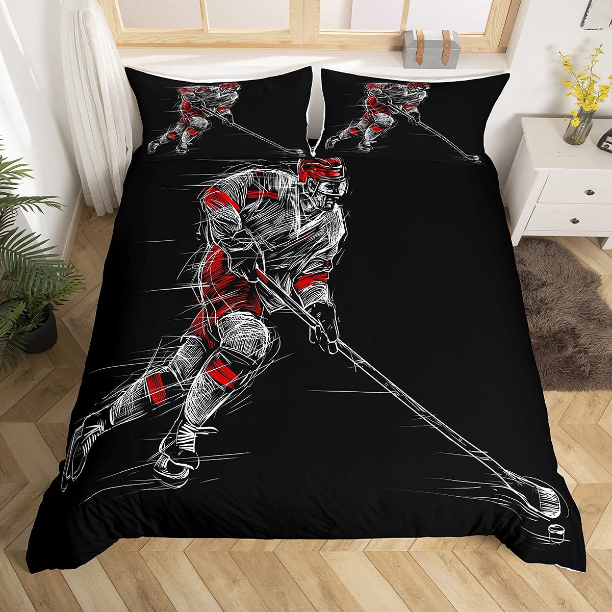 Ice Hockey Duvet Cover Set Full Queen Size,Geometric Check Patchwork Stylish Bedding Set,Athlete Winter Sports Comforter Cover