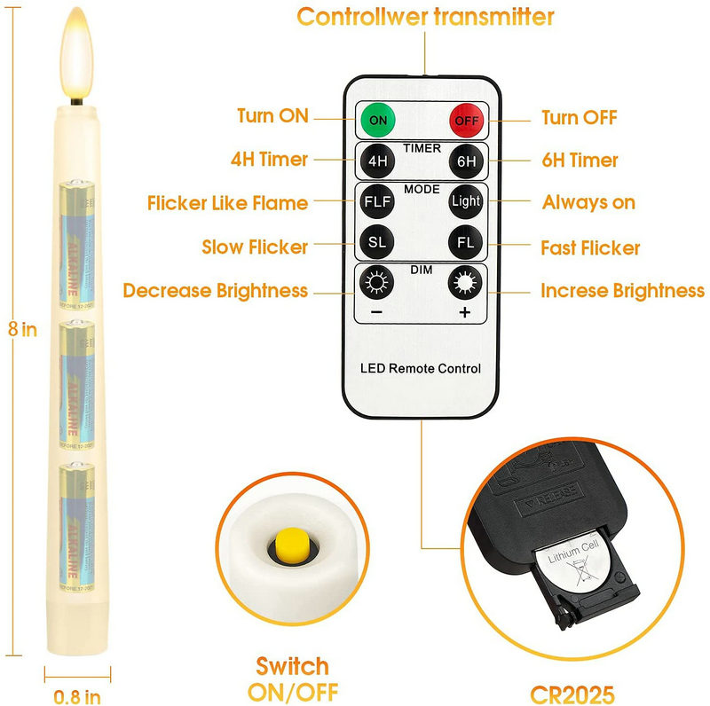 Set of 9 Remote control LED Taper Candle light Battery Operate 4H/6H Timer 3D Flame candlestick Wedding Party Christmas Bar Deco