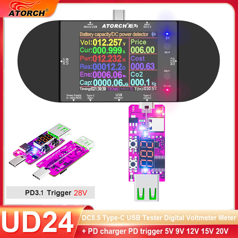 5-32V USBテスターDC 5.5 Type-C Digital Voltmeter Ammeter Power Bank Voltage Detector QC2.0 3.0 PD3.0電気メーター検出器