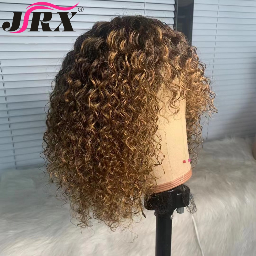 Soulignement court Bob Jerry Curly Human Hair Wigs with Bangs Honey Blonde Couleur Machine complète Machine faite pour les femmes Remy Fringe Wigs