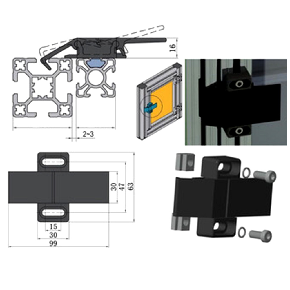 1 st svart aluminiumlegering dörr hasp låsram fixering tillbehör lämplig för 3030 4040 4545 europeisk standard aluminiumprofil