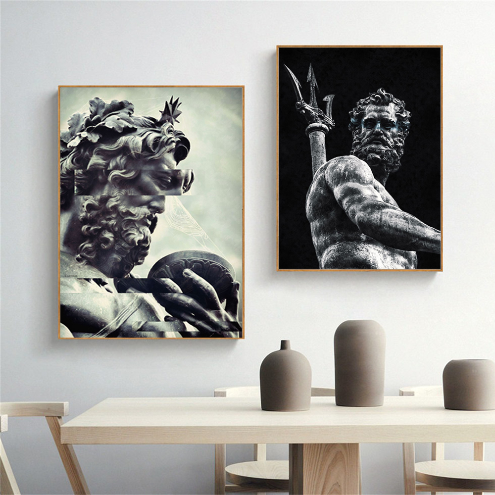 Sculpture noire et blanche Zeus et Neptune Art PaintIntg Classical Canvas Prints Affiche grande murale pour le salon DÉCOR HOME