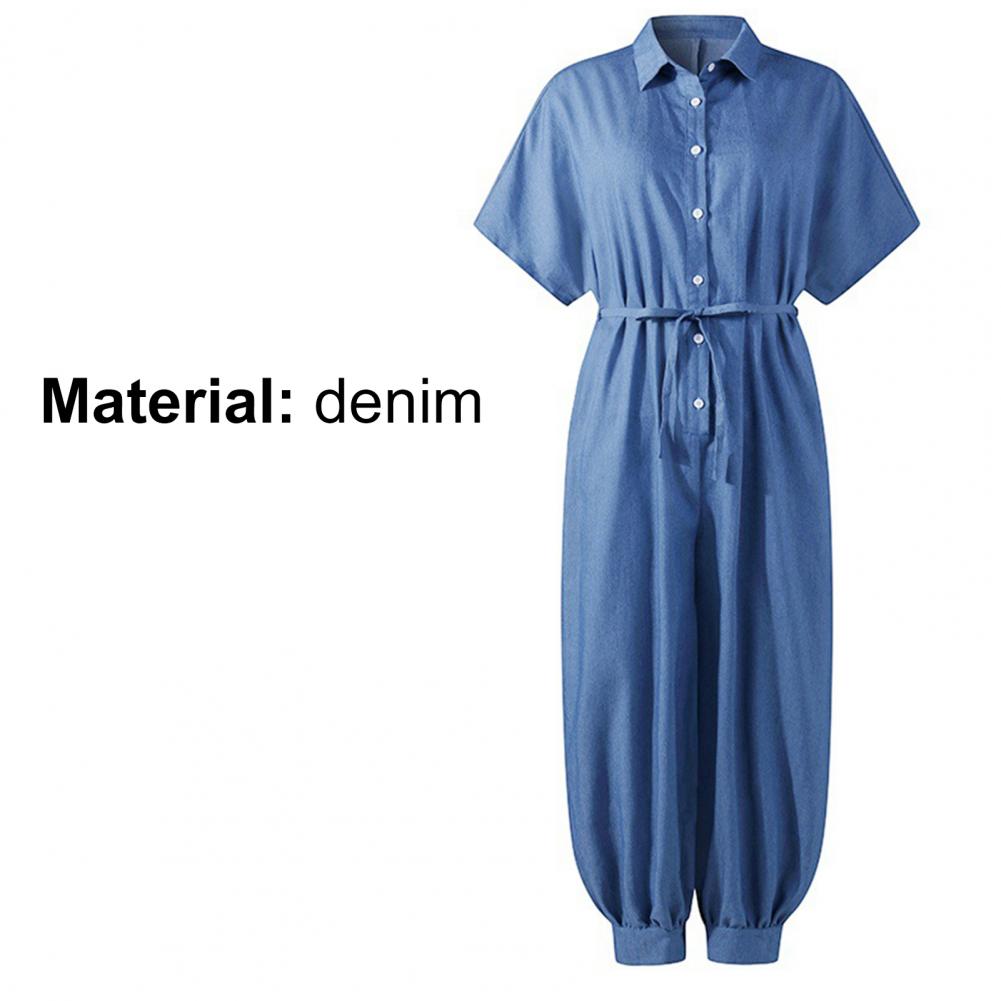 Summer Women Denim Jumpsuit Short Sleeve Solid Color Buttons Pockets Long Baggy Romper Overall for Work Wide Leg Trousers 3XL