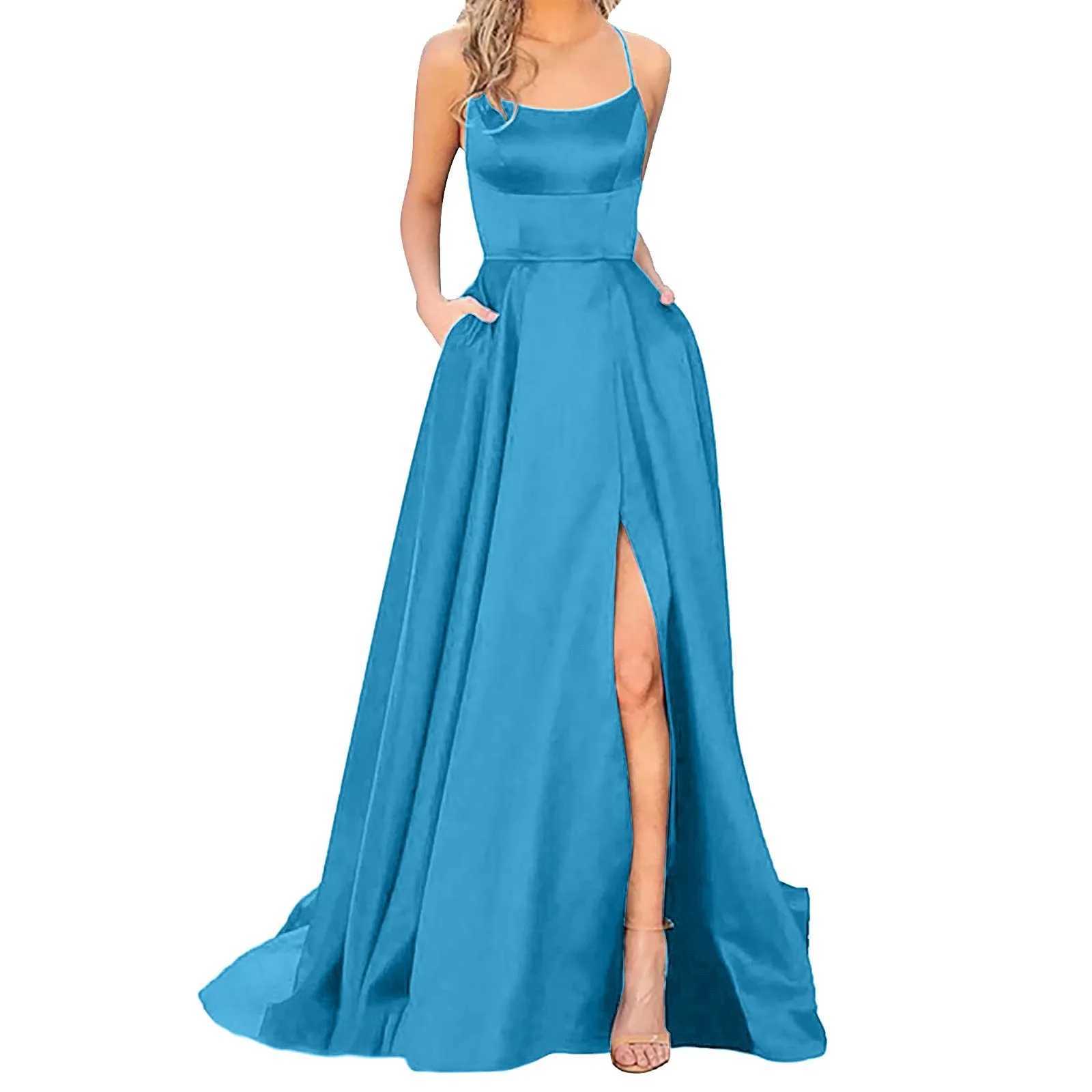 Urban Sexy Dresses Solid Color Dresses Prom For Women Sexy Satin Spaghetti Strapbackless Side Slit Tunic Slip Dress Female Party Evening Long Dress 240410