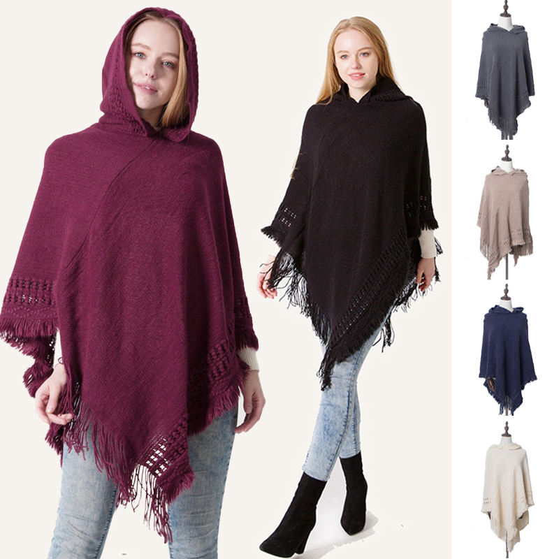 Women Winter jesienna Knit Batwing Cape Pullover Sweter z kapturem Poncho Vintage Vintage Wrap Pluszowe frędzl