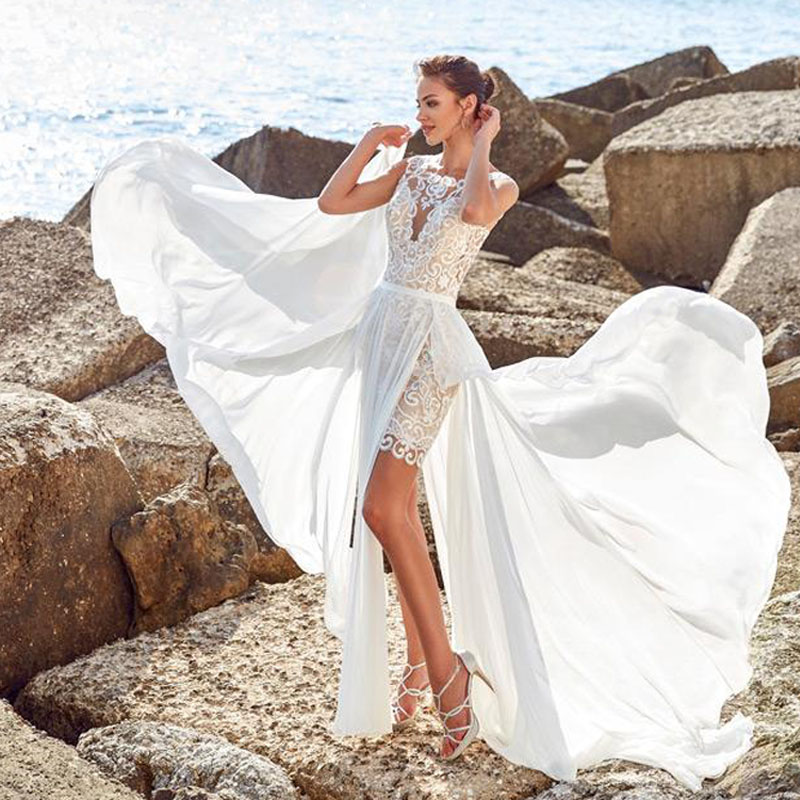 Spiaggia 2 in 1 abiti da sposa boho applicazioni in pizzo vintage abito da sposa corto con gonna rosa con sposa