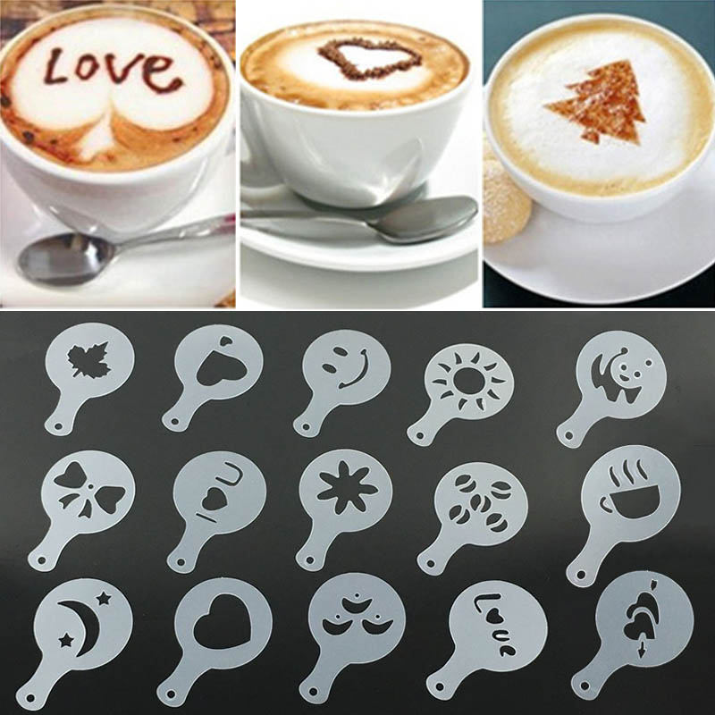 16stkaffeskum spraymall kök prylar barista stencils garland mögel café tillbehör kaffe tryck blommamodell