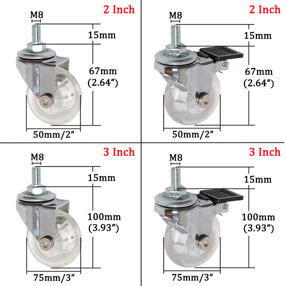 Roues pivotantes de 2/3 pouces Roues industrielles robustes avec une tige filetée M8 x 15 mm sans roues PU de bruit pour les chariots Workbench