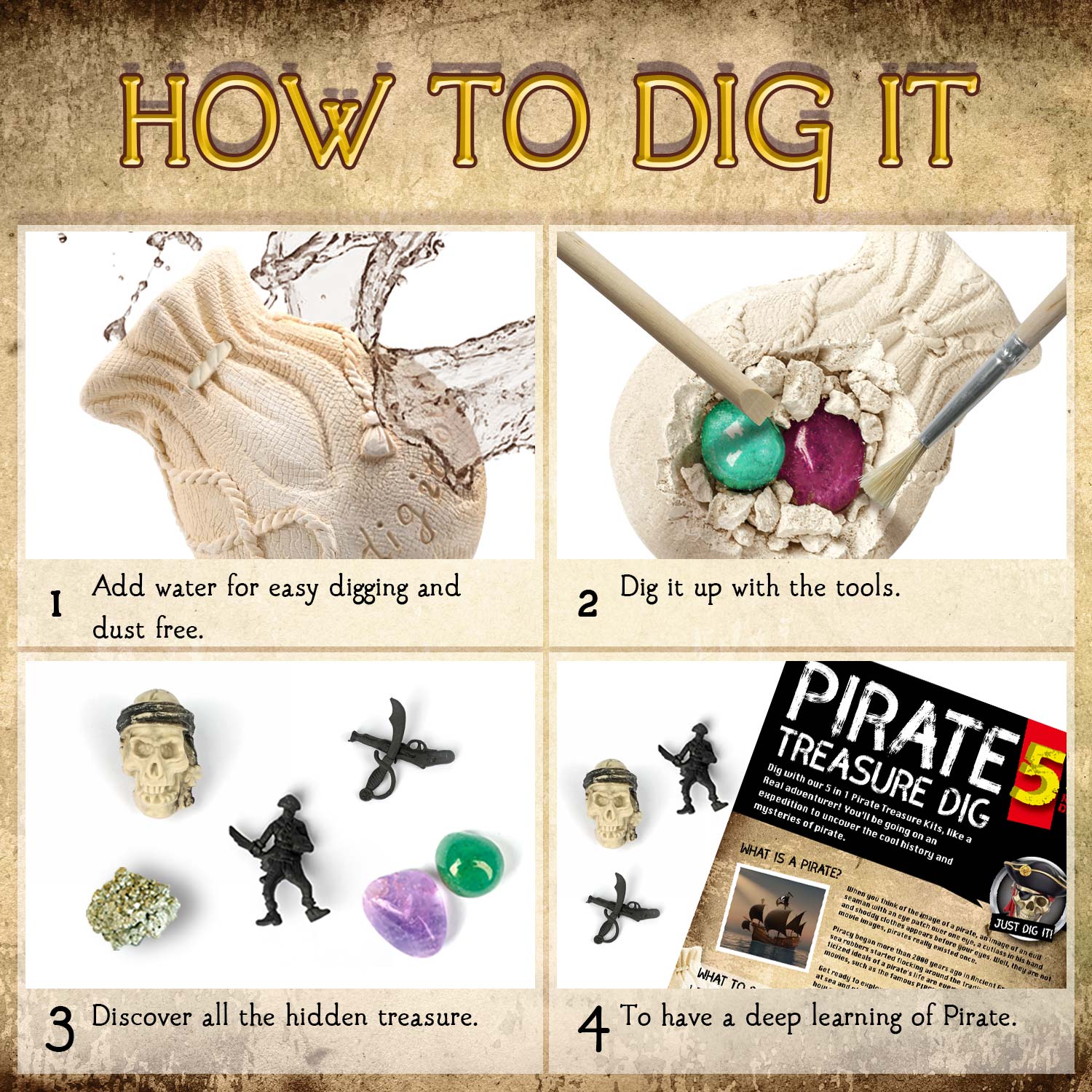 Piraten Treasure Dig Kit Gemstones Dig Kit 5 Bricks Treasure Mining Kits Pirate Puzzle Toys STEM TOEY TOETSEN DODUCTIEKE PARTY GIFTEN