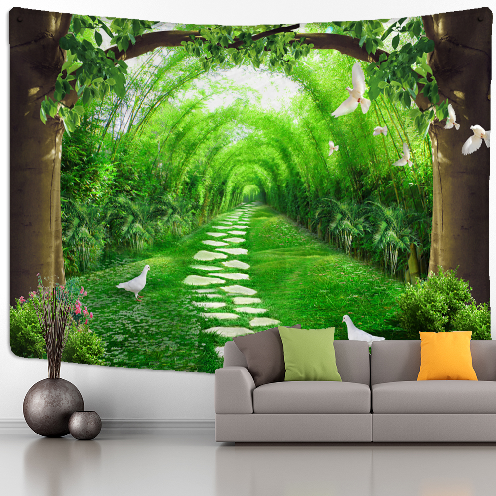 Bambuswald und Taube Wandteppich Wand Hanging Boho minimalistische Kunst Botanische Landschaft Ästhetische Raumdekoration