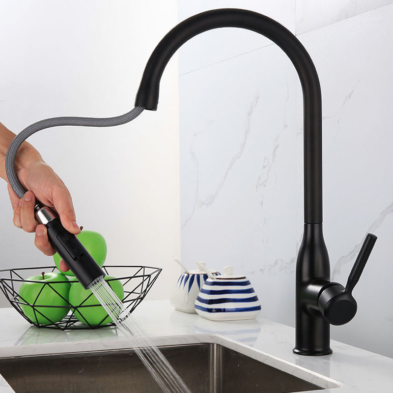Rubinetto cucine manico nero tira verso il basso cucine cucina a foro singolo ruscello spazzolato tazzine di acqua fredda calda