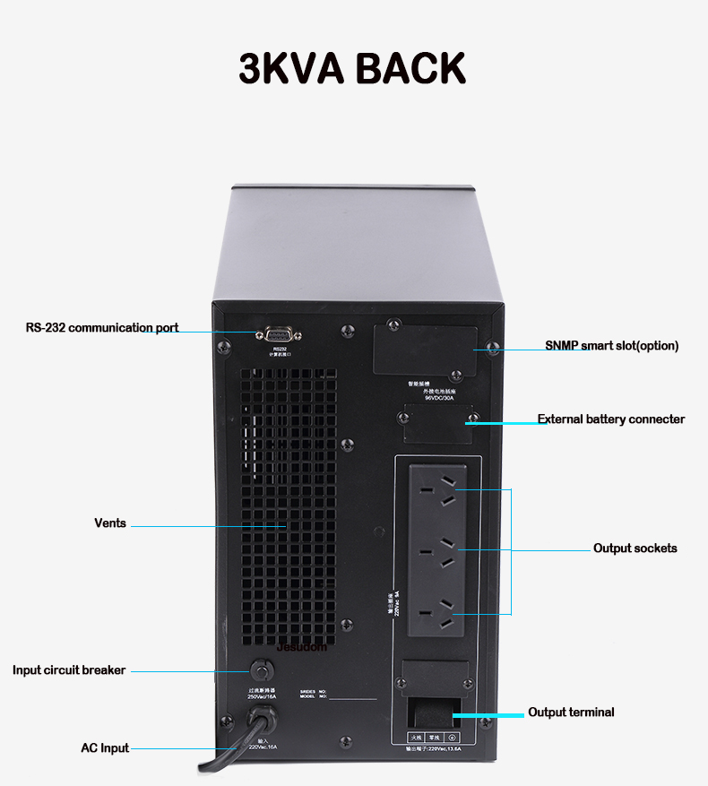 3000VA Online UPS oavbruten strömförsörjning Extern 96VDC Batterier Bank till 220AC 50Hz