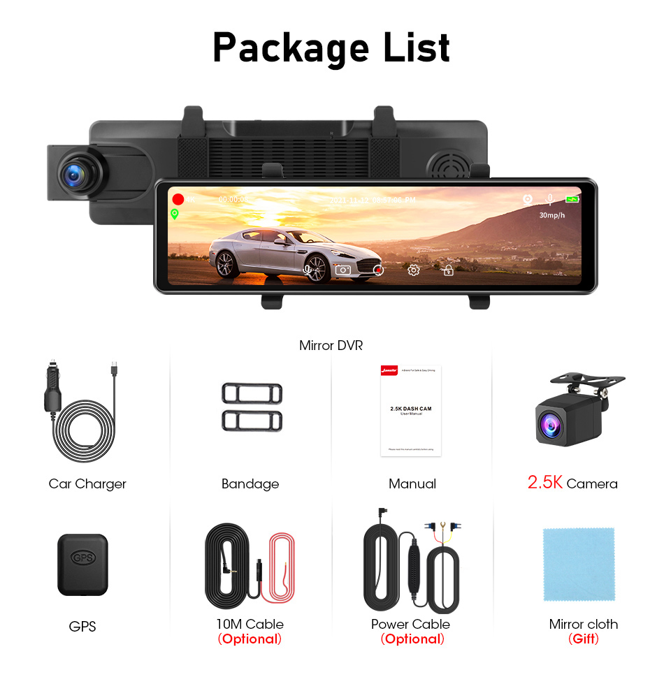 Jansite 11,26 pouces DVR 4K + 2,5k Dash Cam Cam Right Lens 2160p Recorder Double Lens Affiche Affiche de la caméra IPS Screen GPS Track Ladarback