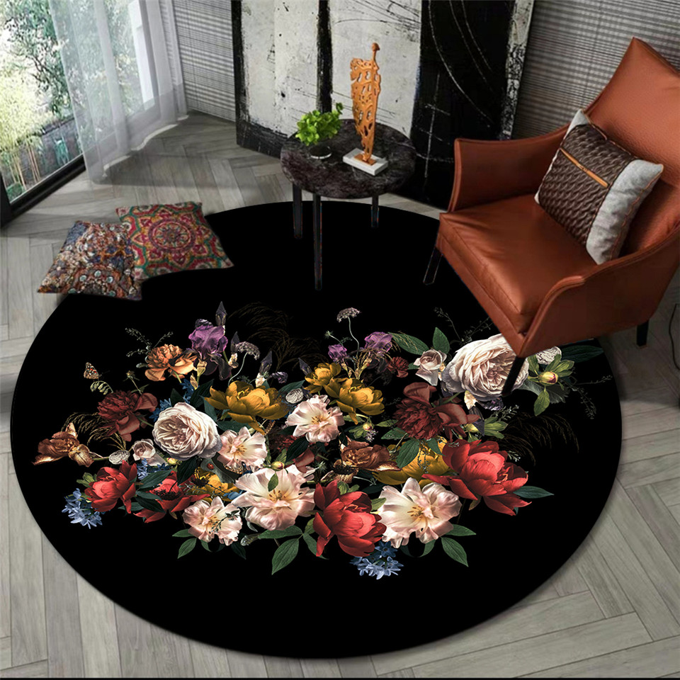 Estilo europeu Retro retro floral Black Round Round para o quarto de área de área ao lado da mesa de café da sala de estar da cadeira do tapete de cabeceira de cabeceira