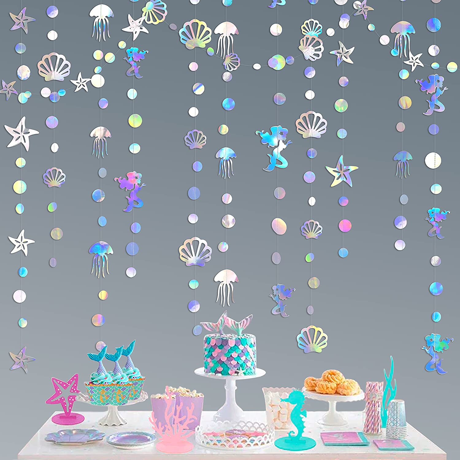 Opalizujące syreny Banery pod przyjęciem urodzinowym Wiszące Dekoracje Bubble Bubble Starfish Bańki Holograficzne Garlands Decor