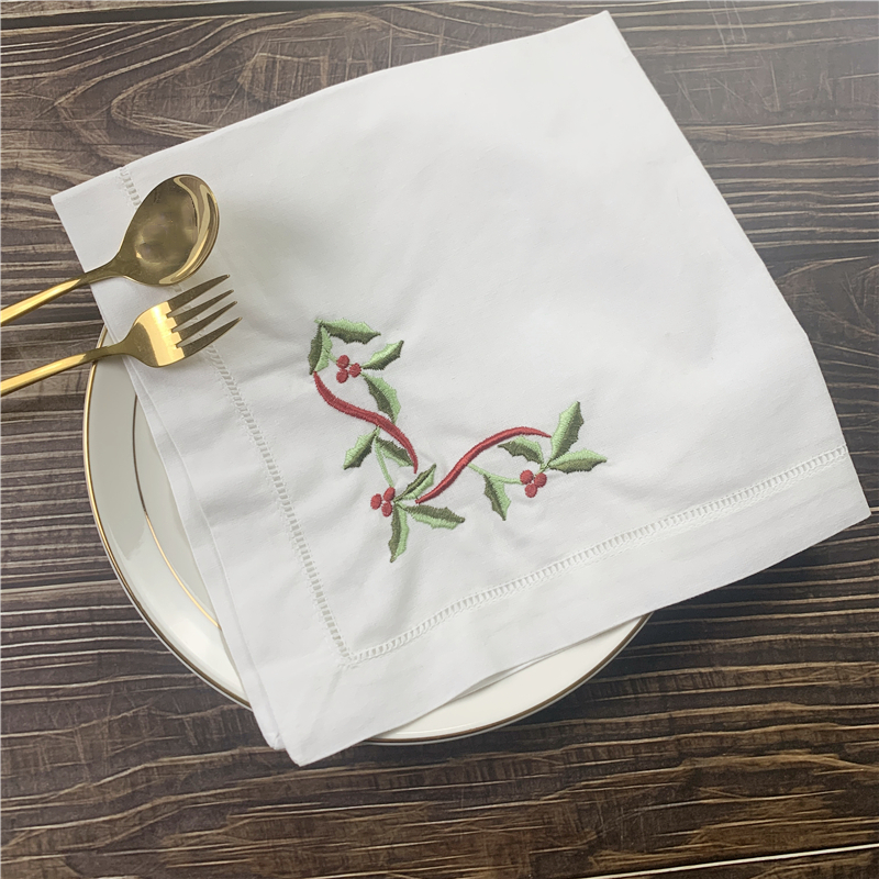 12 st julmiddagservetter Vit Hemstitched Linen Table Servett med färgbroderad blommig te -servetter 20x20 