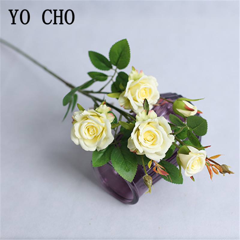 Yo Cho人工花5ヘッドシルクローズDIYフラワーアレンジメント長いステム偽のバラの装飾ウェディングウォールガールホームパーティーの装飾