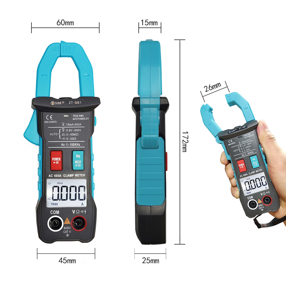 BSDE ZT-QB1 Medidor de grampo digital Multímetro 600A Current RMS RMS Smart Pelier Amperímetro DC/AC Resistência de tensão NCV Hz Testador