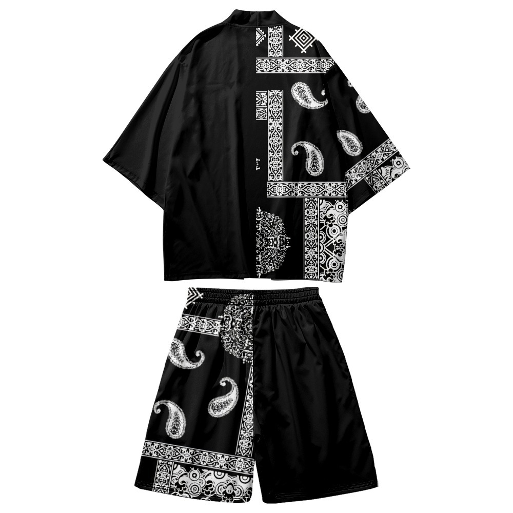 Fleurs de cajou imprimées couples noirs femmes hommes japonais kimono cardigan lâche décontracté et short de plage fixer des vêtements asiatiques harajuku