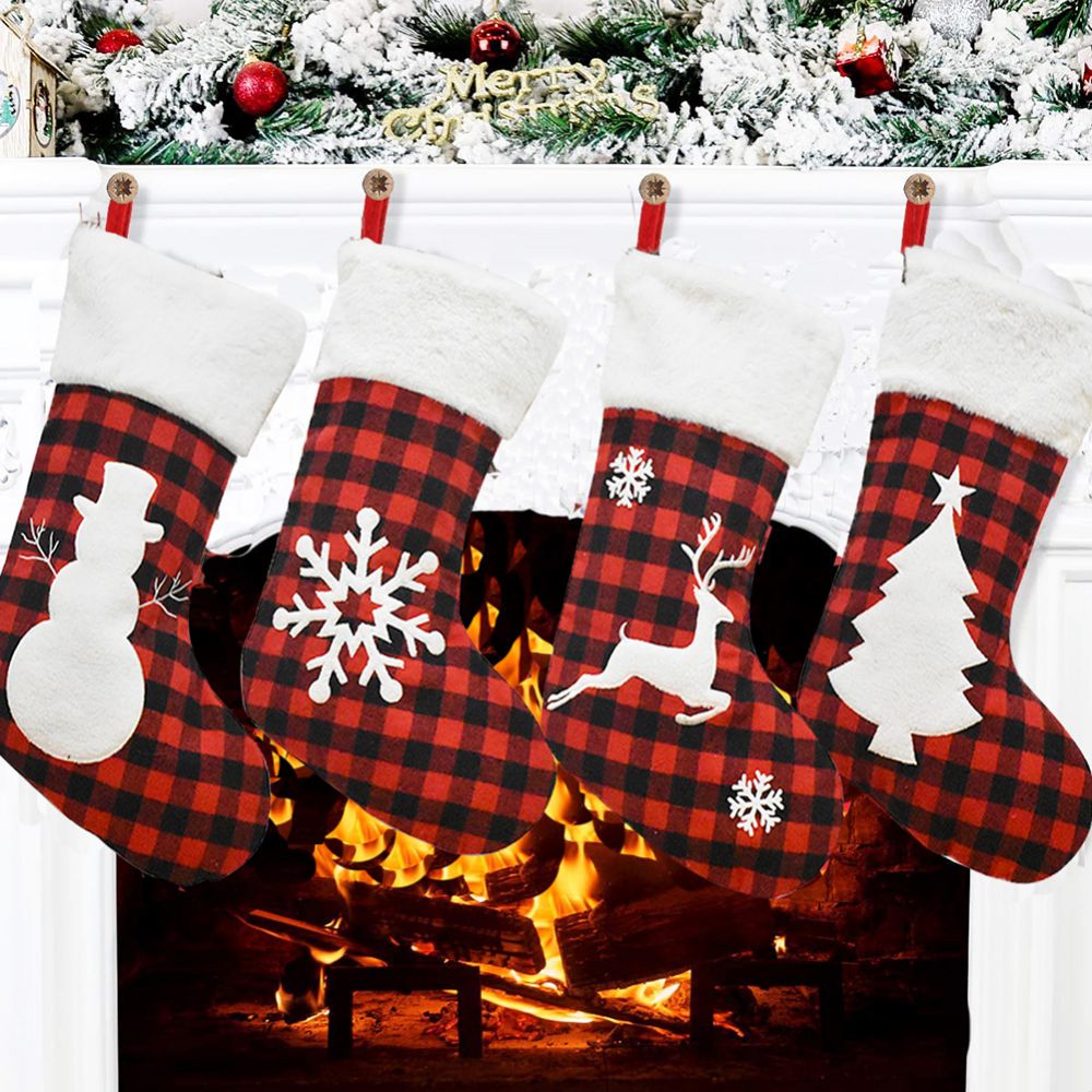 Quadro de Natal Red Plaid Elk Snowflake Gift Sacos de doces de Natal Bordado Meias de Natal Tree Pingente Decoração de Natal para casa