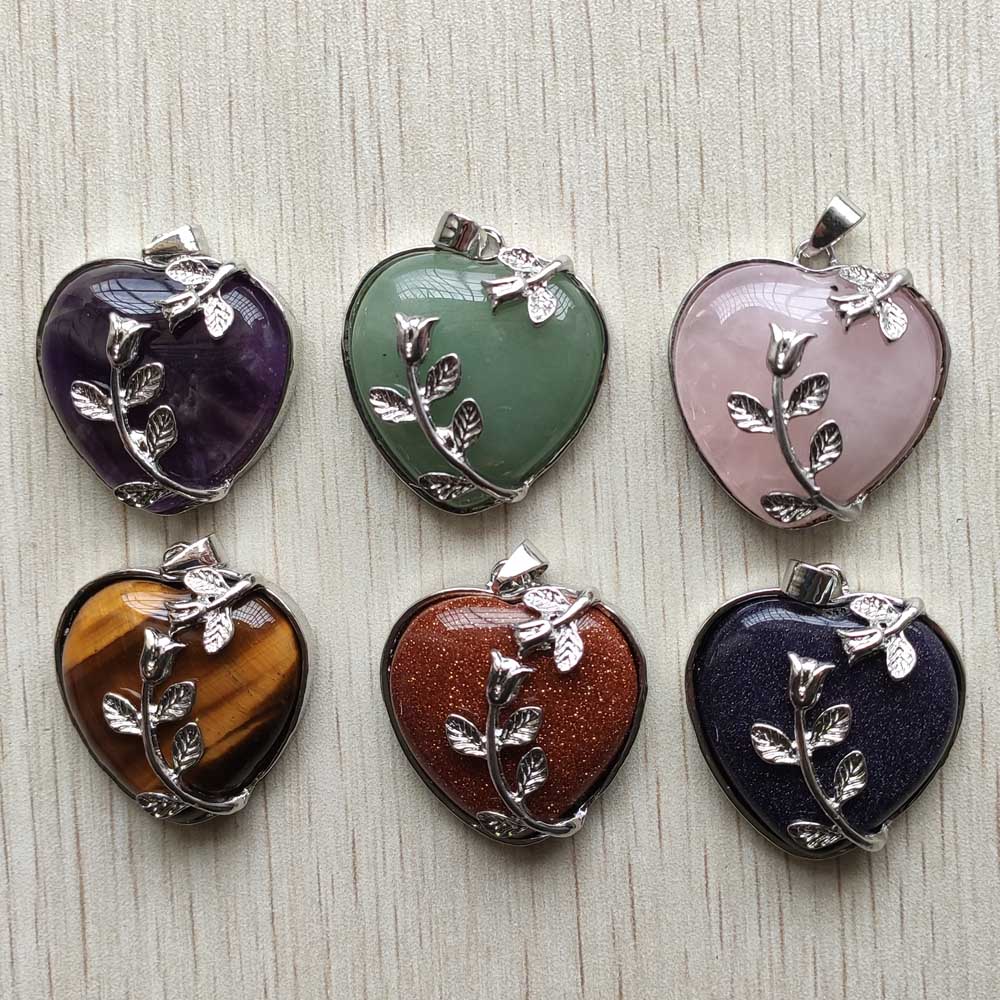 Good quality mix natural stone silver plated alloy flower heart pendants for jewelry accessories making wholesale 