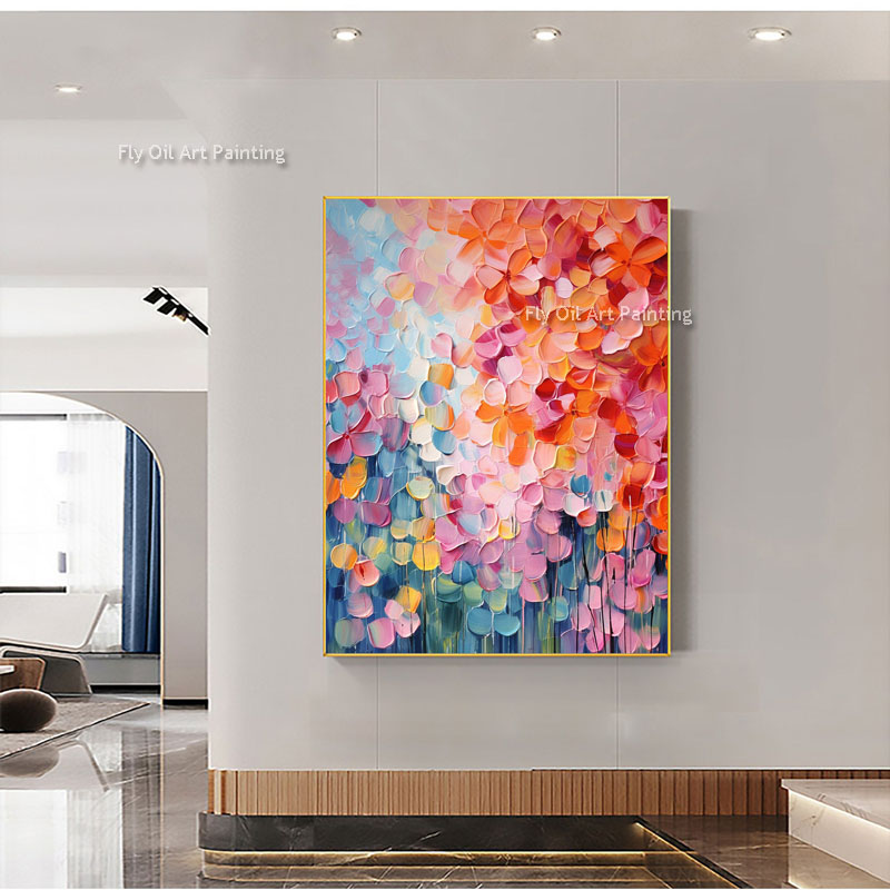 Pintura a óleo de flor minimalista pintada à mão em tela grande arte de parede abstrato de tela pintando rosa paisagem floral arte pintura personalizada decoração de sala de estar moderna