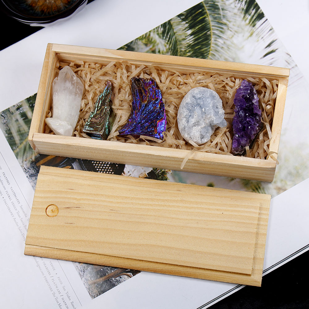 Runyangshi Natural Crystal Cluster Оригинальные точечные минералы Amethyst Cluster Соберите подарки Woodenbox для украшения дома