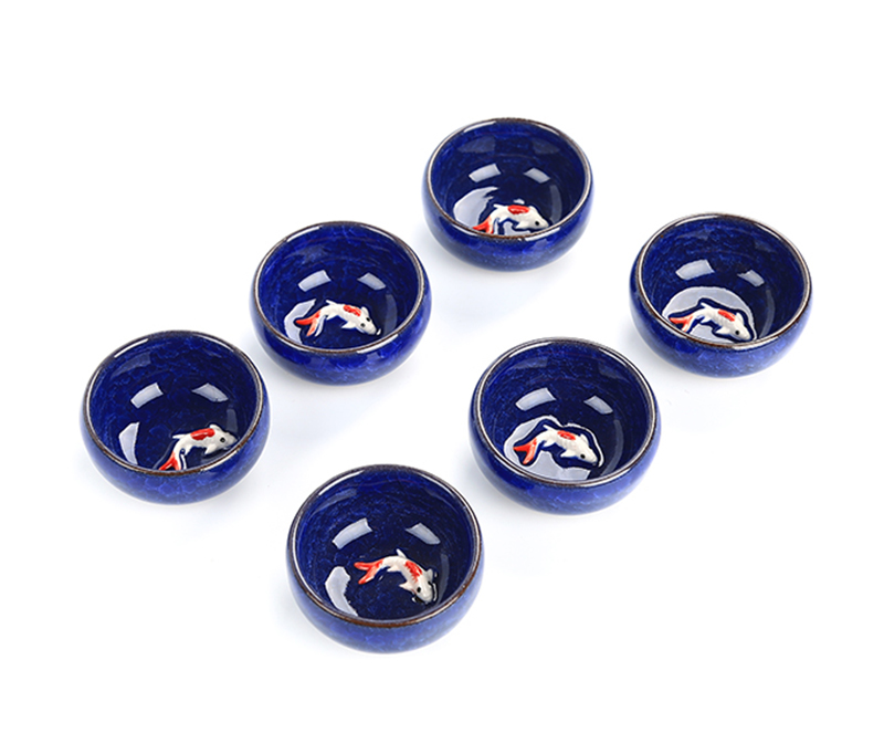 6st Ceramic 3D Golden Fish China Tea Cup Set, Kung Fu Tea Set Crackle Glaze Travel Tea Bowl Chinese Porcelain Teacup Set
