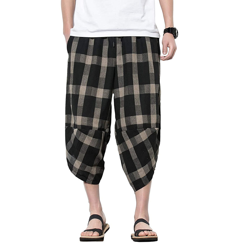 Men's Harem Pants Lightweight Elastic Waist Yoga Pants Striped Grid Wide Leg Baggy Linen Capri Beach Casual Pants Trousers